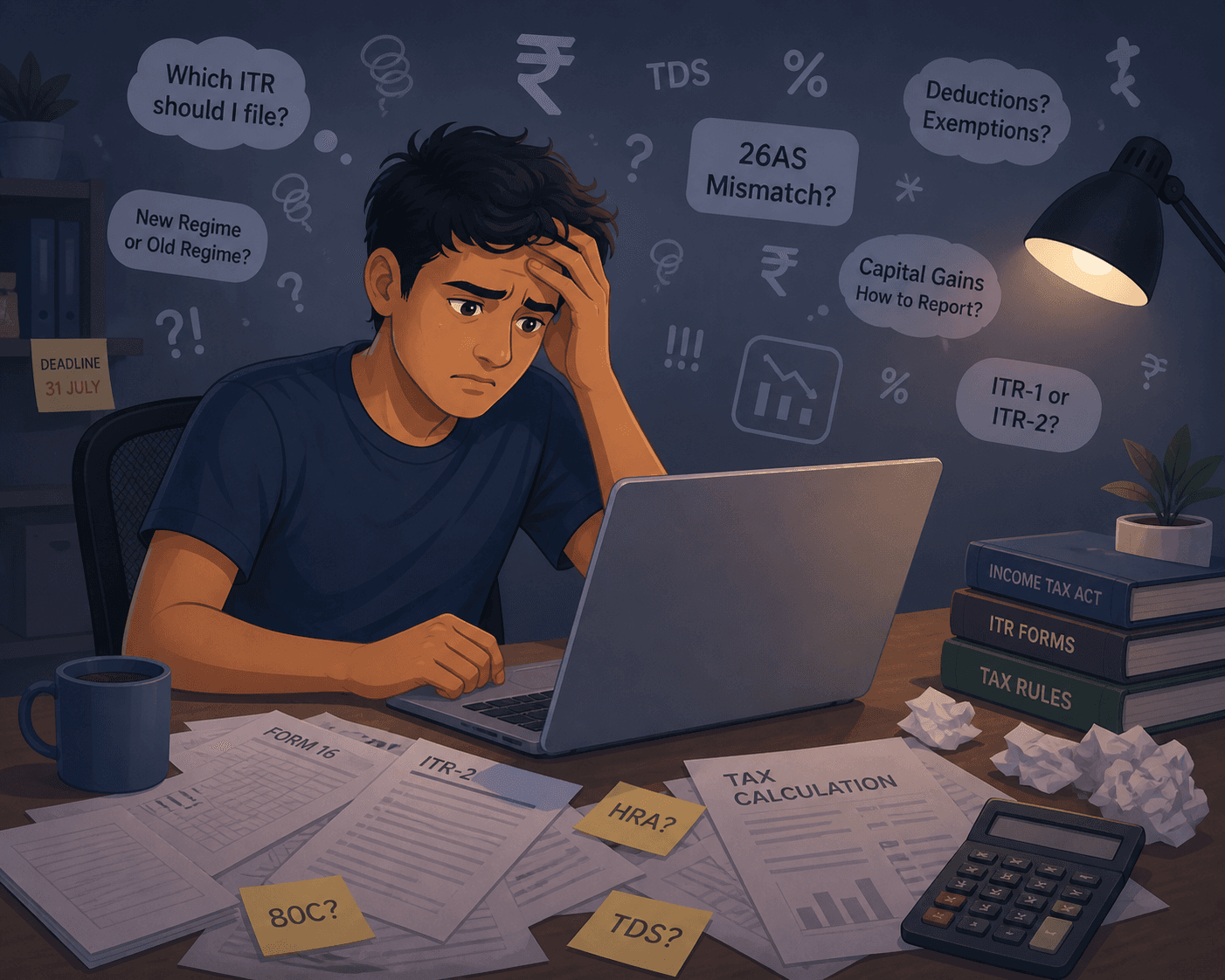 A confused filer surrounded by tax jargon